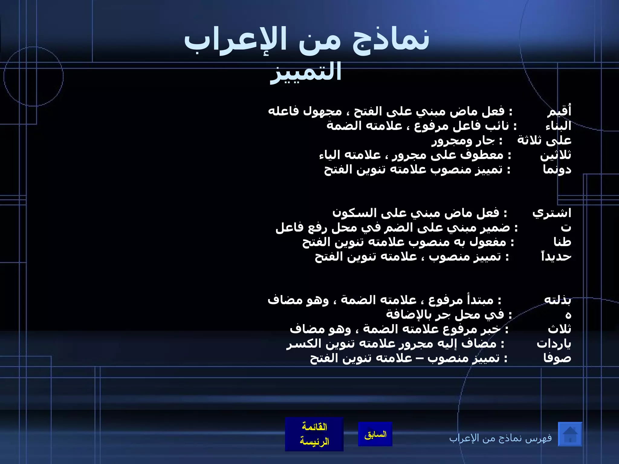 نماذج من الإعراب التمييز أُقيم  :  فعل ماض مبني على الفتح ، مجهول فاعله  البناء  :  نائب فاعل مرفوع ، علامته الضمة  على ثلاثة  :  جار ومجرور  ثلاثين  :  معطوف على مجرور ، علامته الياء  دونما  :  تمييز منصوب علامته تنوين الفتح  اشتري  :  فعل ماض مبني على السكون  ت  :  ضمير مبني على الضم في محل رفع فاعل  طنا  :  مفعول به منصوب علامته تنوين الفتح  حديداً  :  تمييز منصوب ، علامته تنوين الفتح  بذلته  :  مبتدأ مرفوع ، علامته الضمة ، وهو مضاف  ه  :  في محل جر بالإضافة  ثلاث  :  خبر مرفوع علامته الضمة ، وهو مضاف  ياردات  :  مضاف إليه مجرور علامته تنوين الكسر  صوفا  :  تمييز منصوب – علامته تنوين الفتح  فهرس نماذج من الإعراب 