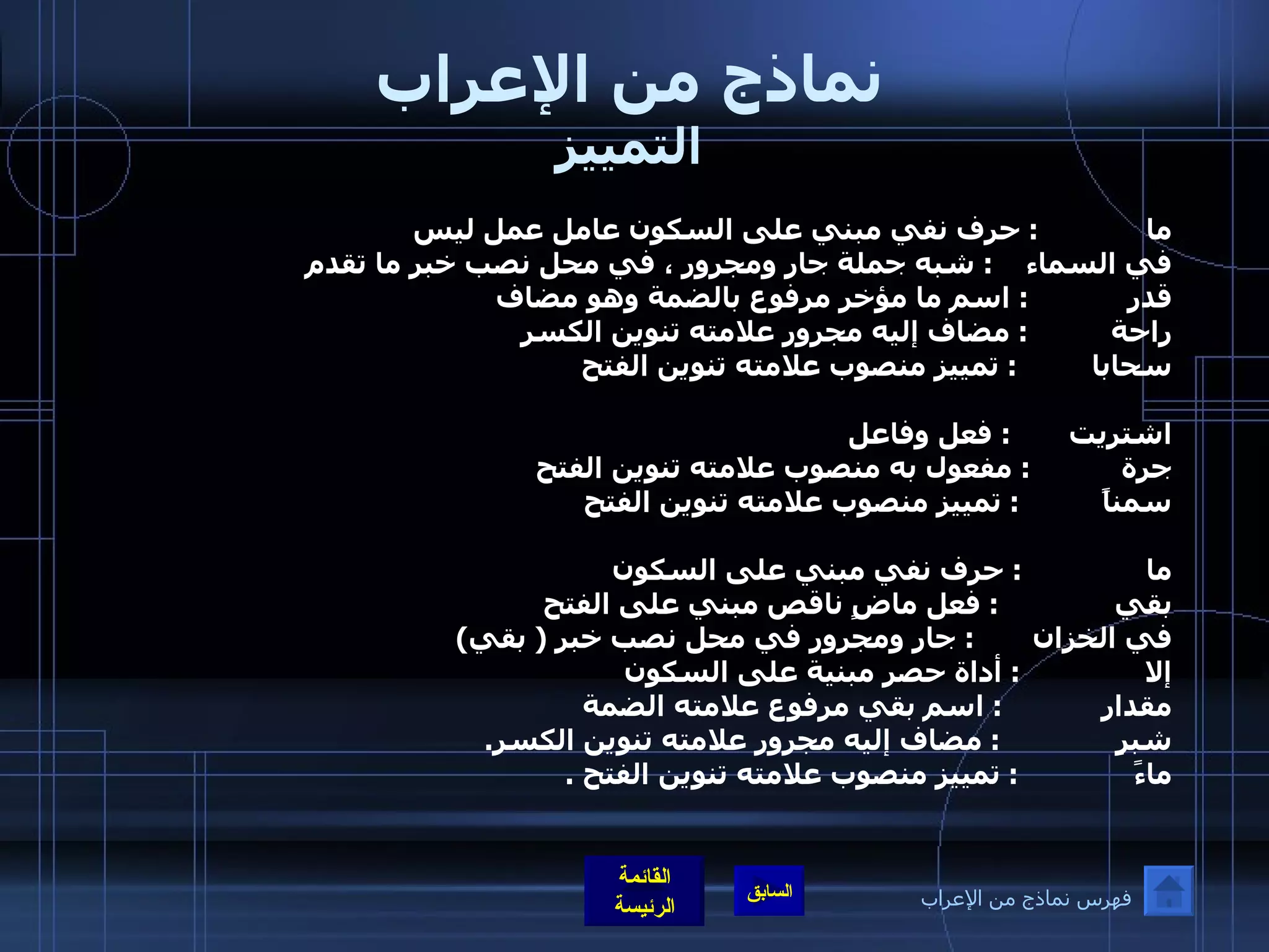 نماذج من الإعراب التمييز ما  :  حرف نفي مبني على السكون عامل عمل ليس  في السماء  :  شبه جملة جار ومجرور ، في محل نصب خبر ما تقدم  قدر  :  اسم ما مؤخر مرفوع بالضمة وهو مضاف  راحة  :  مضاف إليه مجرور علامته تنوين الكسر  سحابا  :  تمييز منصوب علامته تنوين الفتح  اشتريت  :  فعل وفاعل  جرة  :  مفعول به منصوب علامته تنوين الفتح  سمناً  :  تمييز منصوب علامته تنوين الفتح  ما  :  حرف نفي مبني على السكون  بقي  :  فعل ماضٍ ناقص مبني على الفتح في الخزان  :  جار ومجرور في محل نصب خبر  (  بقي ) إلا  :  أداة حصر مبنية على السكون  مقدار  :  اسم بقي مرفوع علامته الضمة  شبرٍ  :  مضاف إليه مجرور علامته تنوين الكسر . ماءً  :  تمييز منصوب علامته تنوين الفتح  . فهرس نماذج من الإعراب 