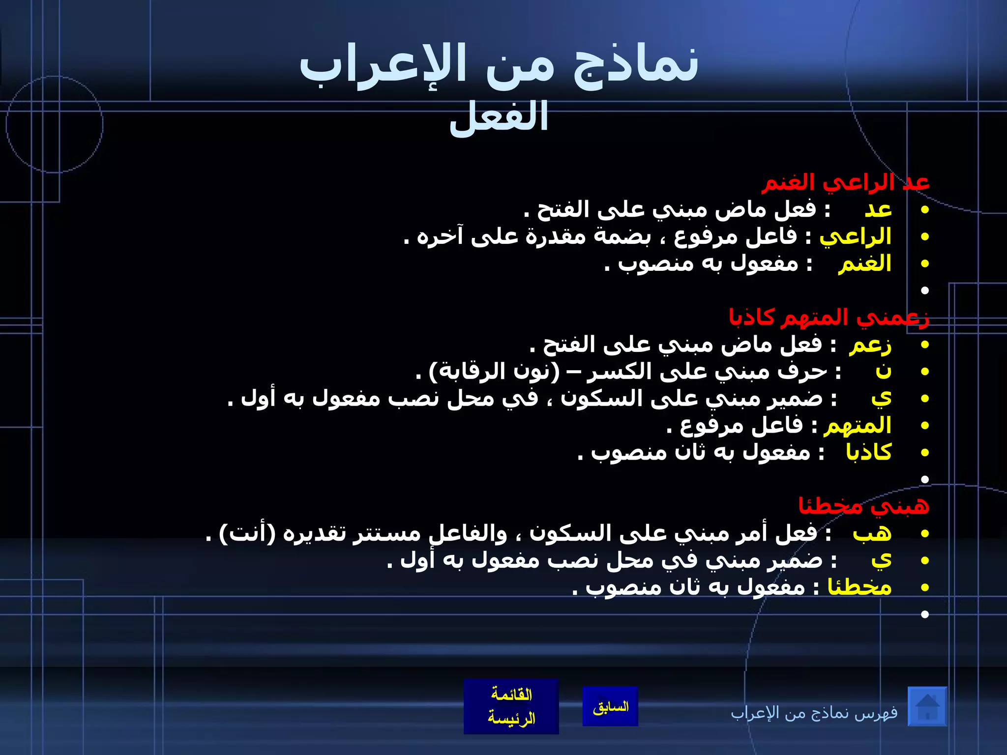 نماذج من الإعراب الفعل عد الراعي الغنم  عد       :  فعل ماض مبني على الفتح  . الراعي   :  فاعل مرفوع ، بضمة مقدرة على آخره  . الغنم      :  مفعول به منصوب  .    زعمني المتهم كاذبا  زعم    :  فعل ماض مبني على الفتح  . ن       :  حرف مبني على الكسر –  ( نون الرقابة ) . ي       :  ضمير مبني على السكون ، في محل نصب مفعول به أول  . المتهم   :  فاعل مرفوع  . كاذبا     :  مفعول به ثان منصوب  .    هبني مخطئا هب     :  فعل أمر مبني على السكون ، والفاعل مستتر تقديره  ( أنت ) . ي       :  ضمير مبني في محل نصب مفعول به أول  . مخطئا   :  مفعول به ثان منصوب  .    فهرس نماذج من الإعراب 