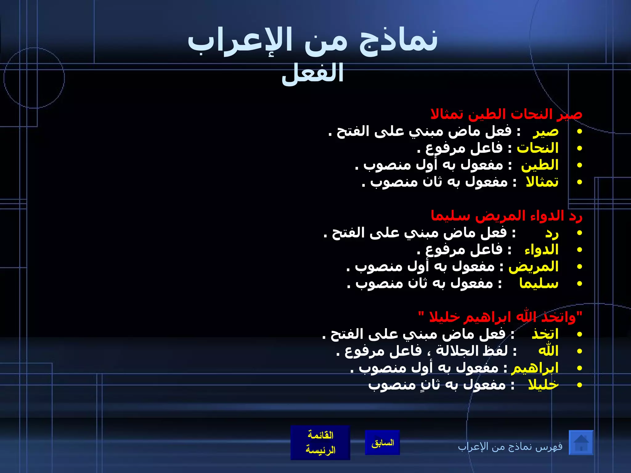 نماذج من الإعراب الفعل صير النحات الطين تمثالا صير     :  فعل ماض مبني على الفتح  . النحات   :  فاعل مرفوع  . الطين    :  مفعول به أول منصوب  .  تمثالا    :  مفعول به ثان منصوب  .    رد الدواء المريض سليما رد         :  فعل ماض مبني على الفتح  . الدواء     :  فاعل مرفوع  . المريض   :  مفعول به أول منصوب  . سليما      :  مفعول به ثان منصوب  .   " واتخذ الله ابراهيم خليلا  "  اتخذ      :  فعل ماض مبني على الفتح  . الله       :  لفظ الجلالة ، فاعل مرفوع  . ابراهيم  :  مفعول به أول منصوب  .  خليلا     :  مفعول به ثانٍ منصوب  فهرس نماذج من الإعراب 