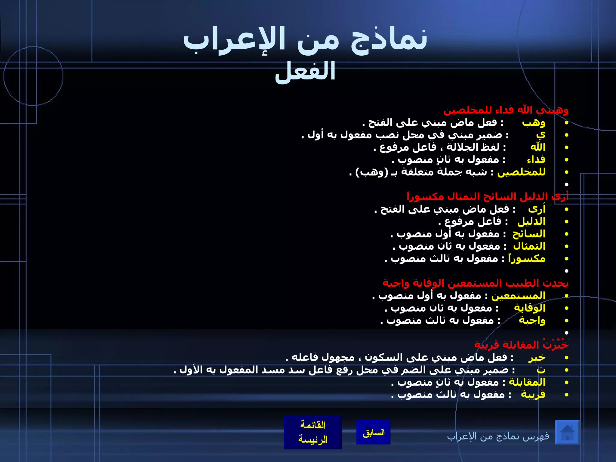 نماذج من الإعراب الفعل وهبني الله فداء للمخلصين  وهب        :  فعل ماض مبني على الفتح  . ي           :  ضمير مبني في محل نصب مفعول به أول  . الله          :  لفظ الجلالة ، فاعل مرفوع  . فداء         :  مفعول به ثانٍ منصوب  . للمخلصين   :  شبه جملة متعلقة بـ  ( وهب ) .   أرى الدليل السائح التمثال مكسوراً  أرى      :  فعل ماض مبني على الفتح  . الدليل     :  فاعل مرفوع  . السائح    :  مفعول به أول منصوب  . التمثال    :  مفعول به ثان منصوب  . مكسوراً   :  مفعول به ثالث منصوب  .     يحدث الطبيب المستمعين الوقاية واجبة  المستمعين   :  مفعول به أول منصوب  . الوقاية       :  مفعول به ثان منصوب  . واجبة        :  مفعول به ثالث منصوب  .   خُبِّرْتُ المقابلة قريبة خبر       :  فعل ماض مبني على السكون ، مجهول فاعله  . ت         :  ضمير مبني على الضم في محل رفع فاعل سد مسد المفعول به الأول  . المقابلة   :  مفعول به ثانٍ منصوب  .  قريبة     :  مفعول به ثالث منصوب  .  فهرس نماذج من الإعراب 