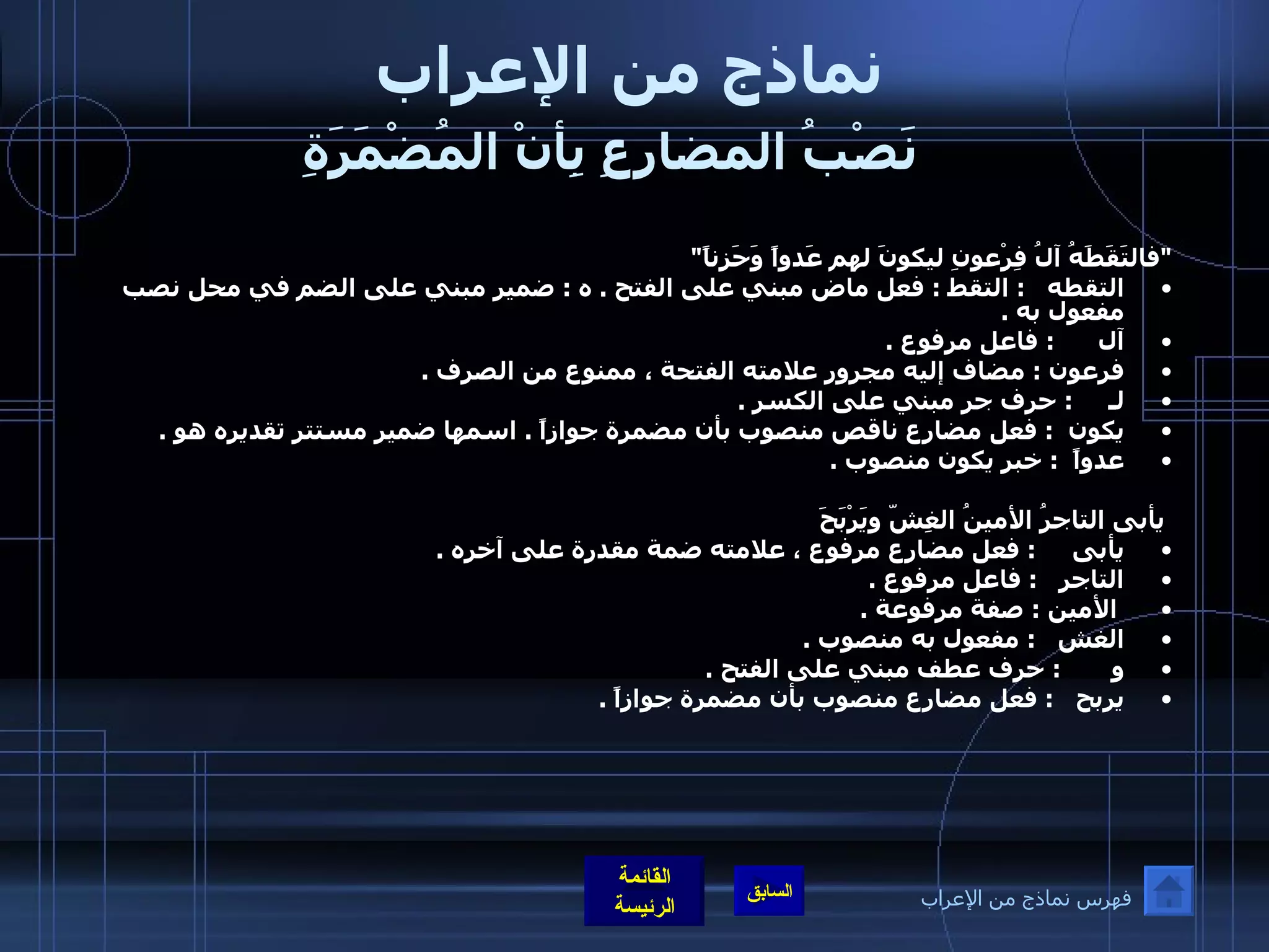 نماذج من الإعراب   نَصْبُ المضارِعِ بِأنْ المُضْمَرَةِ     " فالتَقَطَهُ آلُ فِرْعونِ ليكونَ لهم عَدواً وَحَزناً " التقطه    :  التقط  :  فعل ماض مبني على الفتح  .  ه  :  ضمير مبني على الضم في محل نصب مفعول به  .  آل       :  فاعل مرفوع  .  فرعون  :  مضاف إليه مجرور علامته الفتحة ، ممنوع من الصرف  .  لـ      :  حرف جر مبني على الكسر  .  يكون   :  فعل مضارع ناقص منصوب بأن مضمرة جوازاً  .  اسمها ضمير مستتر تقديره هو  .  عدواً   :  خبر يكون منصوب  .   يأبى التاجرُ الأمينُ الغِشّ ويَرْبَحَ يأبى      :  فعل مضارع مرفوع ، علامته ضمة مقدرة على آخره  .  التاجر    :  فاعل مرفوع  .   الأمين  :  صفة مرفوعة  .  الغش    :  مفعول به منصوب  .  و        :  حرف عطف مبني على الفتح  .  يربح    :  فعل مضارع منصوب بأن مضمرة جوازاً  . فهرس نماذج من الإعراب 