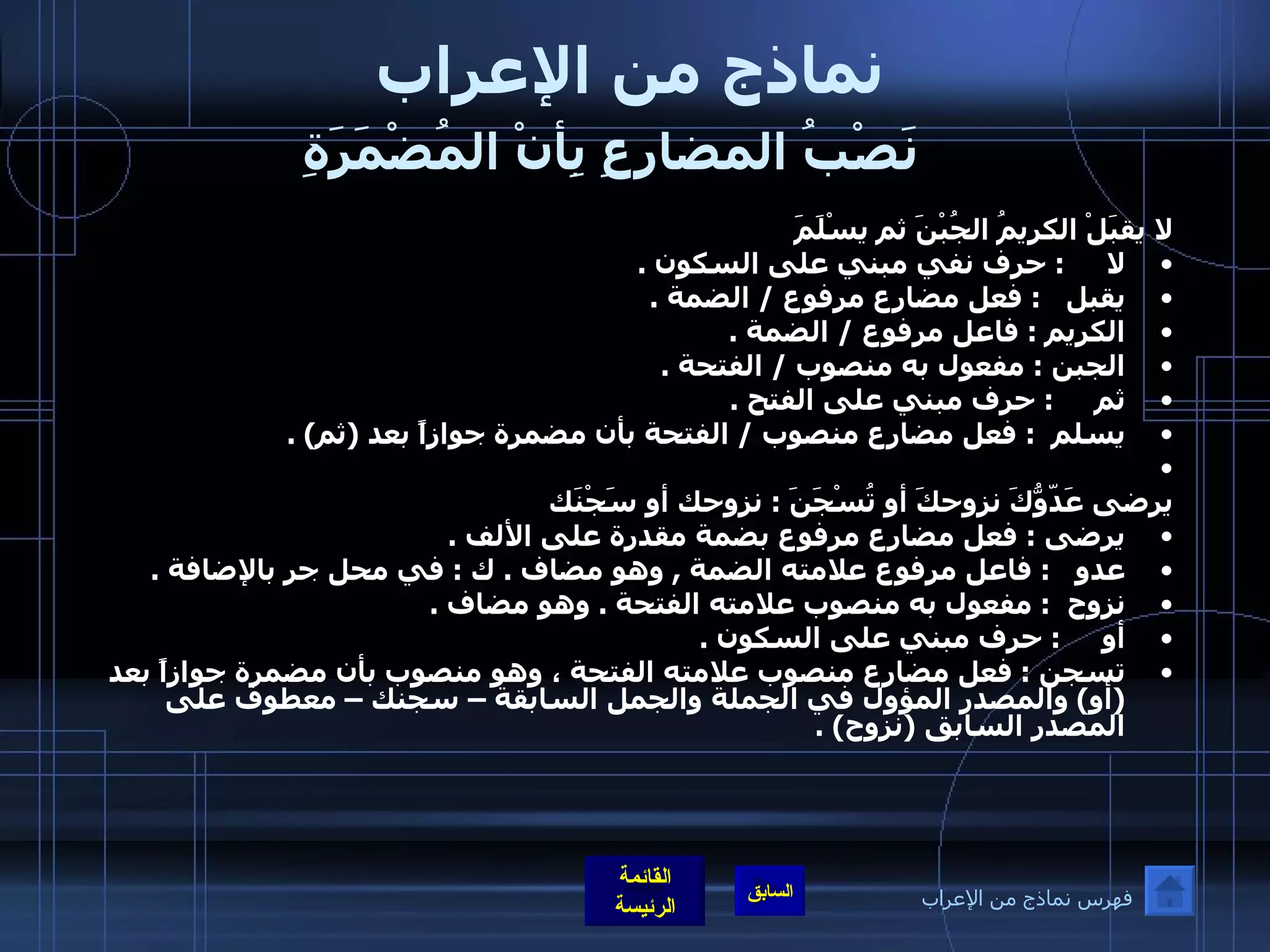 نماذج من الإعراب   نَصْبُ المضارِعِ بِأنْ المُضْمَرَةِ   لا يقبَلْ الكريمُ الجُبْنَ ثم يسْلَمَ لا      :  حرف نفي مبني على السكون  .  يقبل    :  فعل مضارع مرفوع  /  الضمة  .  الكريم  :  فاعل مرفوع  /  الضمة  .  الجبن  :  مفعول به منصوب  /  الفتحة  . ثم      :  حرف مبني على الفتح  .  يسلم   :  فعل مضارع منصوب  /  الفتحة بأن مضمرة جوازاً بعد  ( ثم ) .     يرضى عَدّوُّكَ نزوحكَ أو تُسْجَنَ  :  نزوحك أو سَجْنَك يرضى  :  فعل مضارع مرفوع بضمة مقدرة على الألف  .  عدو    :  فاعل مرفوع علامته الضمة  ,  وهو مضاف  .  ك  :  في محل جر بالإضافة  .  نزوح   :  مفعول به منصوب علامته الفتحة  .  وهو مضاف  . أو      :  حرف مبني على السكون  .  تسجن  :  فعل مضارع منصوب علامته الفتحة ، وهو منصوب بأن مضمرة جوازاً بعد  ( أو )  والمصدر المؤول في الجملة والجمل السابقة – سجنك – معطوف على المصدر السابق  ( نزوح ) . فهرس نماذج من الإعراب 