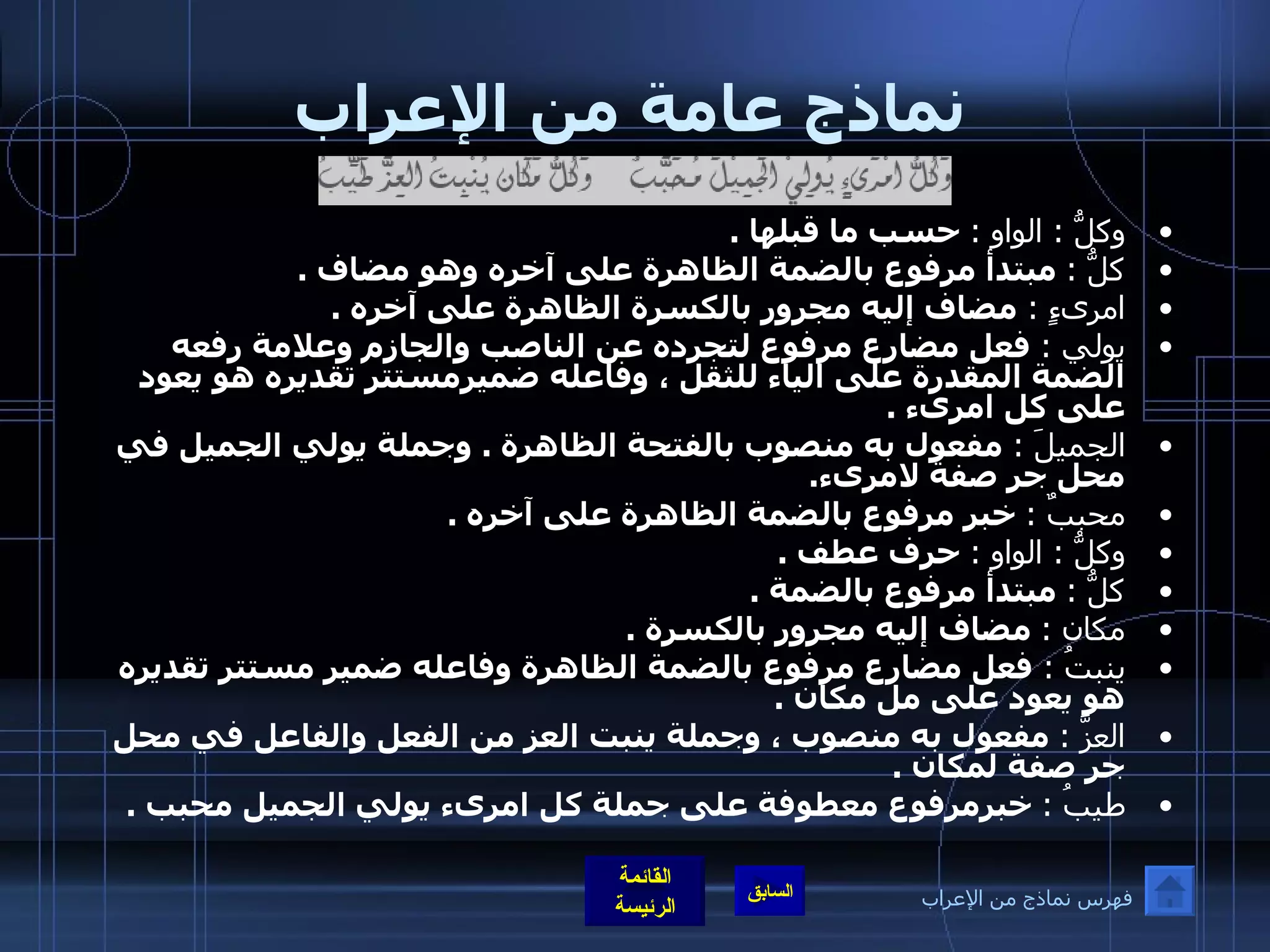 نماذج عامة من الإعراب وكلُّ  :  الواو  :   حسب ما قبلها  . كلُّ  :   مبتدأ مرفوع بالضمة الظاهرة على آخره وهو مضاف  . امرىءٍ  :  مضاف إليه مجرور بالكسرة الظاهرة على آخره  . يولي  :  فعل مضارع مرفوع لتجرده عن الناصب والجازم وعلامة رفعه الضمة المقدرة على الياء للثقل ، وفاعله ضميرمستتر تقديره هو يعود على كل امرىء  . الجميلَ  :  مفعول به منصوب بالفتحة الظاهرة  .  وجملة يولي الجميل في محل جر صفة لامرىء . محببٌ  :   خبر مرفوع بالضمة الظاهرة على آخره  . وكلُّ  :  الواو  :   حرف عطف  . كلُّ  :   مبتدأ مرفوع بالضمة  . مكان  :   مضاف إليه مجرور بالكسرة  . ينبتُ  :  فعل مضارع مرفوع بالضمة الظاهرة وفاعله ضمير مستتر تقديره هو يعود على مل مكان  . العزَّ  :   مفعول به منصوب ، وجملة ينبت العز من الفعل والفاعل في محل جر صفة لمكان  . طيبُ  :   خبرمرفوع معطوفة على جملة كل امرىء يولي الجميل محبب  . فهرس نماذج من الإعراب 