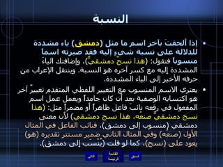 النسبة إذا أَلحقتَ بآخر اسم ما مثل  ( دمشق )  ياء مشددة للدلالة على نسبة شيءٍ إليه فقد صيرته اسماً منسوباً  فتقول : ( هذا نسجٌ دمشقيٌّ ) ، وإضافتك الياءَ المشددة إِليه مع كسر آخره هو النسبة .  وينتقل الإعراب من حرفه الأخير إلى الياء المشددة . يعتري الاسم المنسوب مع التغيير اللفظي المتقدم تغييرٌ آخر هو اكتسابه الوصفية بعد أَن كان جامداً ويعمل عمل اسم المفعول في رفعه نائبَ فاعل ظاهراً أَو مضمراً مثل : ( هذا نسج دمشقيٌّ صنعُه، هذا نسج دمشقي )  لأَن معنى دمشقي  ( منسوب إلى دمشق ) ،  فنائب الفاعل في المثال الأول  ( صنعُه )  وفي المثال الثاني ضمير مستتر تقديره  ( هو )  يعود على  ( نسج ) ،  كما لو قلت  ( يُنْسَب إِلى دمشق ). التالي 