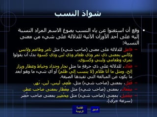 شواذ النسب وقع أن استغنوا عن ياء النسب بصوغ الاسم المراد النسبة إليه على أحد الأوزان الآتية للدلالة على شيء من معنى النسبة : فاعل  للدلالة على معنى  ( صاحب شيء )  مثل  تامر وطاعم ولابسٍ وكاسٍ بمعنى ذي تمر وذي طعام وذي لبن وذي كسوة  بدل أن يقولوا  تمري وطعامي ولبني وكسوي . فعّال ، للدلالة على ذي حرفةٍ ما مثل  نجار وحداد وخياط وعطار وبزاز إلخ، ومثل ما أنا ظلام  ( لا ينسب إليَّ ظلم )   أو أي شيء ما وهو أبعد ما يكون عن المبالغة التي تفيدها الصيغة . فَعِل ، بمعنى  ( صاحب شيء )  مثل،  طَعِم، لَبِس، لَبِن، نَهِر . مِفْعال ، بمعنى  ( صاحب شيء )  مثل  مِعْطار بمعنى صاحب عطر . مِفْعيل ، بمعنى  ( صاحب شيء )  مثل  مِحْضِير  بمعنى صاحب حُضر  ( سرعة جرْي ). 