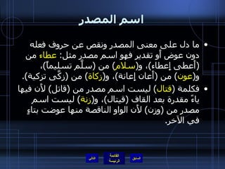 اسم المصدر ما دل على معنى المصدر ونقص عن حروف فعله دون عوض أَو تقدير فهو اسم مصدر مثل :  عطاء  من  ( أَعطى إِعطاء ) ، و ( سلام )  من  ( سلَّم تسليماً ) ، و ( عون )  من  ( أَعان إِعانة ) ، و ( زكاة )  من  ( زكَّى تزكية ). فكلمة  ( قتال )  ليست اسم مصدر من  ( قاتل )  لأَن فيها ياءً مقدرة بعد القاف  ( قيتال ) ، و ( زنة )  ليست اسم مصدر من  ( وزن )  لأَن الواو الناقصة منها عوضت بتاءٍ في الآخر . التالي 