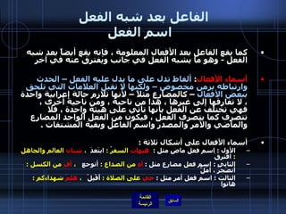 الفاعل بعد شبه الفعل  اسم الفعل   كما يقع الفاعل بعد الأفعال المعلومة ، فإنه يقع أيضاً بعد شبه الفعل  -  وهو ما يشبه الفعل في جانب ويفترق عنه في آخر   أسماء الأفعال :  ألفاظ تدل على ما يدل عليه الفعل – الحدث وارتباطه بزمن مخصوص – ولكنها لا تقبل العلامات التي تلحق ببعض الأفعال  – كالمضارع مثلاً – لأنها تلازم حالة إعرابية واحدة ، لا تفارقها إلى غيرها ، هذا من ناحية ، ومن ناحية أخرى ، فهي تختلف عن الفعل بأنها تأتي على هيئة واحدة ، فلا تتصرف كما يتصرف الفعل ، فيكون من الفعل الواحد المضارع والماضي والأمر والمصدر واسم الفاعل وبقية المشتقات  .  أسماء الأفعال على أشكال ثلاثة  : الأول  :  اسم فعل ماضٍ مثل  :  هيهاتَ  السفرُ  :  ابتَعدَ   ،  شتان  العالم والجاهل  :  افترقَ  الثاني  :  اسم فعل مضارع مثل  :  آهِ  من الصداع  :  أتوجع    ،  أفٍ  من الكسل  :  أتضَجرُ ، أمَلُّ   الثالث  :  اسم فعل أمر مثل  :  حيّ  على الصلاة  :  أَقْبِلْ    ،  هلمّ  شهداءكم  :  هاتوا     