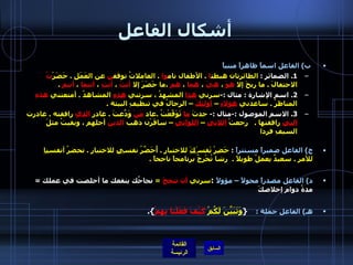 أشكال الفاعل   ب )  الفاعل اسماً ظاهراً مبنياً   1.  الضمائر  :  الطائرتان هبطت ا  .  الأطفال نام وا  .  العاملاتُ توقف ن  عن العَمَلِ  .  حَضَرْ تُ  الاحتفالَ  .  ما ربحَ إلا  هوَ  ،  هيَ  ،  هما  ،  هم  ،ما حَضَرَ إلا  أنتَ  ،  أنتِ  ،  أنتما  ،  أنتم   .   2.  اسم الإشارة  :  مثال  :- سرني  هذا  المشهدُ ، سرتني  هذهِ  المشاهدُ  .  أمتعتني  هذهِ  المناظرُ  .  ساعدني  هؤلاءِ  –  أولئِكَ  – الرجالُ في تنظيفِ البيئة  .   3.  الاسم الموصول  :- مثال  :-  حدثَ  ما  تَوَقّعْتُ  . عاد  مَنْ  وَدّعَتَ  .  غادر  ا لذي  رافقته  .  غادرت  التي  رافقتها  .     رجعتْ  اللاتي  –  اللواتي  – سافَرْن ذهب  الذين  أجلهم ، وبقيتُ مثلَ السيفِ فردا     ج )  الفاعل ضميراً مستتراً   :  حَضِرْ نَفس َكَ  للاختبارِ  .  أُحَضِّرُ نفس ي  للاختبار  .  نحضرُ أنفس نا  للأمر  .  سعيدٌ يعملُ طويلاً  .   رشا تُخْرِجُ برنامجاً ناجحاً  .   د )  الفاعل مصدراً محولاً – مؤولاً   : سرني  أن تنجحَ   =   نجاحُك ينفعك ما أخلصت في عملك  =  مدةُ دوام إخلاصكَ هـ )   الفاعل جملة  :      { وَتَبَيَّنَ لَكُمْ   كَيْفَ فَعَلْنا بِهِمْ }. 