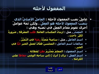 المفعول لأجله عامِلُ نصبِ المفعولِ لأجلِهِ  :  العاملُ الأصليُّ الذي يَنْصُبُ المفعولً لأجلهِ هو الفِعْلُ   .  ولكنْ ثَمَةَ عواملُ أخرى تقومُ مَقامَ الفِعِلِ في نَصْبِهِ وهي  : المَصْدَرُ   ,  مثل  :  ارتيادُ المكتباتِ العامَةِ  طَلبَ  المعْرِفَةِ  ,  ضَرورةٌ لكلّ ِ باحِثٍ  .  اسمُ الفاعِلِ   ,  مثل  :  ساميةُ مُجِدَّةٌ  رغبَةً  في التَّمَيُّزِّ  . مبالغاتُ اسمِ الفاعِلِ   :  المحْسنُ فَعَّالٌ لعملِ الخيرِ  حُبّاً  في الخيرِ  . اسمُ المفعولِ   :  المعلمُ مُحْتّرَمٌ  نَظَراً  لِعَطائِهِ  . اسمُ الفِعْلِ   :  نزالِ  (  أنزِلْ  )  إلى ساحِةِ الوغى  حِفاظاً  على الكرامَةِ  . 