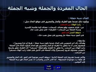 الحال المفردة والجملة وشبه الجملة الحال شبه جملة  :  ويكون ذلك عندما يقع الظرف والجار والمجرور في موقع الحال مثل  :  رأيتُ الهلالَ  بينَ السحاب   بين  :  ظرف منصوب وهو مضاف، السحاب  :  مضاف إليه علامته الكسرة  وشبه الجملة بين السحاب – الظرفية – في محل نصب حال  شوهِدَ النسرُ  في الجو   في الجو :  شبه جملة جار ومجرور في محل نصب حال  . ملاحظة  :  وهنالك رأي آخر للنحويين في الحال عندما تكون شبه جملة – ظرفا أو جاراً ومجروراً – فبعضهم يعتبر أن ما يتعلق به الظرف أو الجار والمجرور هو الحال فتكون الحال في الجملة رأيت الهلال بين السحب  ,  ما تعلق به الظرف وهو لفظة  " مستقراً  "  لأن الظرف تعلق وارتبط بالمعنى بمحذوف قدروه  ] مستقراً [  وكأن الجملة في الأصل هي هكذا رأيت الهلال مستقراً بين السحب  . والأمر نفسه يقدرونه في الجملة الثانية  :  شوهد النسر موجوداً في الجو  ,  لأن الجار والمجرور قد تعلقا بِ  (  موجوداً )  المحذوفة  .  أما الأمر الأيسر والصائب أن يُعتبرُ الحال هو شبه الجملة في النوعين  .   