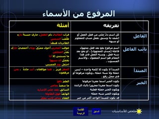 المرفوع من الأسماء نائب الفاعل اسم مرفوع يقع بعد فعل مجهول فاعله  ( مبني للمجهول )  ، أو يقع بعد شبه فعل ، وشبه الفعل في هذا المقام هو اسم المفعول ، والاسم المنسوب  . عوقب  المجرم ، أَخوك ممزَّقٌ  ثوبُه ، أَحمصيٌ  جارُ ك يُقَدَّرُ  المخلصُ ما يُستثنى إلا  أنا   يُفَضَّل  أن تنتبهوا احتُفل  يوم  الخميس   المبتدأ المبتدأ لا يكون إلا كلمة واحدة – ليس جملة ولا شبه جملة ـ ويكون مرفوعا أو في محل رفع  .  المطرُ  غزيرٌ  ،   هما  موافقان ،  أنتِ  جادةٌ   ،  نحنُ  مرهقون الخبر يكون الخبر اسما مفردا مرفوعا  يكون اسما مفردا مجرورا بالباء الزائدة  ويكون الخبر جملة فعلية ويكون الخبر شبه جملة  قد يكون للمبتدأ الواحد أكثر من خبر  العلمُ  نافعٌ  ما سعيدٌ  بحاضرٍ السائق  يقف على الإشارة   الهاتِفُ  فوقَ الطاولةِ   العقاد  شاعرُ كاتبٌ مفكرٌ الفاعل كل اسم دلَّ على من فعَل الفعلَ أَو اتصف به وسُبق بفعل مبني للمعلوم أَو شبهه قرأت  الطالبةُ ، نام  الطفلُ ، جاري حسنةٌ  دارُ ه طَلَعَتْ  الشمسُ الطائرتان هبطت ا تعريفه أمثلة ملخص للأساسيات 