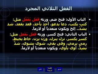 الفعل الثلاثي المجرد الباب الأول :  فتح ضم، وزنه  فَعَل يَفْعُل  مثل :  كتب يكتب، دعا يدعو، أَخذ يأُخذ، قعد يقعد، شد يشُدّ ..  إلخ ويكون متعدياً أَو لازماً . الباب الثاني :  فتح كسر، وزنه  فَعَل يَفْعِل  مثل :  كسر يكسر، نزل ينزل، وزَن يزِن، خاط يخيط، رمى يرمي، وقى يقي، شوى يشوي، شذَّ يَشِذُّ، أَوى يأْوي ، ويكون متعدياً أَو لازماً . التالي 