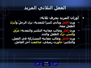 الفعل الثلاثي المزيد أَوزان المزيد بحرف ثلاثة : وزن  أَفْعَلَ  ويأْتي كثيراً للتعدية :  نزل الرجلُ و أَنزلَ  الطفلَ معه . وزن  فَعَّل  وغالب معانيه التكثير والتعدية :  مَزَّق  و كسَّر ،  نزَّل  الطفلَ والده . وزن  فاعَل  وغالب معانيه المشاركة في الفعل، والتكثير :  حاور ت زميلي،  ضاعف ت أجر العامل . التالي 