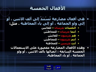 الأفعال الخمسة هي أفعال مضارعة تُسْتنَدُ إلى ألف الاثنين ، أو إلى واو الجماعة ، أو إلى ياء المخاطبة   .  مثل : التلميذان  يدرسان  –  للغائبين                       أنتما  تدرسان  –  للمخاطَبَيْن   هم  يدرسون  –  للغائِبيْن                             أنتم  تدرسون  –  للمخاطَبِيْن                                 أنتِ  تدرسين  –  للمخاطبة   وهذه الأفعال المضارعة مقصورة على الاستعمالات الخمسة السابقة  :  اتصالها بألف الاثنين ، أو واو الجماعة ، أو ياء المخاطبة .   