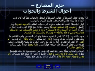 جزم المضارع –  أَحوال الشرط والجواب 3-  يحذف فعل الشرط أَو جواب الشرط أَو الفعل والجواب معاً إن كان في الكلام ما يدل على المحذوف، وإليك البيان بالترتيب : فعل الشرط :  تقدم أَنه يطرد حذفه في جواب الطلب  ( اجتهد تنجح )  وأَن الأَصل  ( اجتهد، فإِن تجتهد تنجحْ )  ويجوز حذفه بعد  ( لا )  التي تلي  ( إن )  أَو  ( مَن ):  أَجبْ إِن أَجببت وإلا فأَمسكْ  =  وإِن لا تحبَّ فأَمسك .  من حاستك فحاسنْه ومن لا فلا تعامله  =  ومن لا يحاسنْكَ فلا تعامله . جواب الشرط :  إذا كان فعل الشرط ماضياً ولو في المعنى وفي الكلام ما يدل على الجواب حذف وجوباً :  إ ِنه  -  إِن سافر  -  رابح ،  والله   -  إِن غدرت  -  لا أَغدر ، لا أَغدر إِن غدرت .  أَما إِذا لم يكن في الكلام ما يصلح للجواب وأَمكن فهمه من فعل الشرط جاز حذفه جوازاً مثل : ( إنْ نجح )  جواباً لمن سأَل : ( أَتكافئُ خالداً ؟ ). الفعل والجواب معاً :  يجوز حذفهما إن بقي من جملتيهما ما يدل عليهما مثل : ( من يلبِّك فأَكرمْه ومن لا فلا ) ، الأَصل : ( ومن لا يلبِّك فلا تكرمْه ) ،  ( إِن وفى فأَعطه حقه وإلا فلا ) ، الأَصل : ( وإِن لم يفِ فلا تعطه ). التالي 