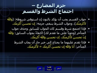 جزم المضارع –  اجتماع الشرط والقسم جواب القسم يجب أَن يؤكد بالنون إِن استوفى شروطه : ( والله لأَكرمنَّك ) ، وجواب الشرط ينبغي جزمه :  إِن تحسنْ أُكرمْك . فإِذا اجتمع شرط وقسم كان الجواب للسابق وحذف جواب المتأَخر  ( وجوباً على ما تقدم لك )  اكتفاءً بجواب السابق :  والله إِنْ تحسنْ لأُكرمنَّك، إن تحسن والله أُكرمْك . فإذا تقدم عليهما ما يحتاج إلى خبر جاز أَن يجاب الشرط المتأَخر :  أَنا والله إِن تحسنْ أُكرمْك  =  لأُكرمنّك . التالي 