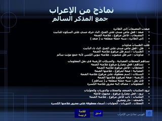 نماذج من الإعراب  جمع المذكر السالم صعدت المضيفاتُ إلى الطائرة صعد  :  فعل ماض مبني على الفتح، التاء حرف مبني على السكون للتأنيث  المضيفاتُ  :  فاعل مرفوع ، علامته الضمة  إلى الطائرة  :  شبه جملة متعلقة ب  (  صعد  )    ظلت الطبيباتُ مناوباتٍ  ظل  :  فعل ماض مبني على الفتح، التاء تاء التأنيث  الطبيباتُ  :  إسم ظل مرفوع علامته الضمة  مناوباتٍ  :  خبر ظل منصوب ، علامته تنوين الكسر، لأنه جمع مؤنث سالم     تساهم المحطات الفضائية ، والشبكات الأرضية في نقلِ المعلومات  تساهم  :  فعل مضارع مرفوع علامته الضمة  المحطات  :  فاعل مرفوع علامته الضمة  الفضائية  :  صفة لمرفوع ، علامتها الضمة  الشبكات  :  إسم معطوف على مرفوع علامته الضمة  الأرضية  :  صفة لمرفوع علامتها الضمة  في نقل  :  شبه جملة متعلقة بـِ  (  تساهم  )  المعلومات  :  مضاف إليه مجرور علامته الكسرة    تزود المكتبات بالصحف والمجلات والدوريات والحوْلياتِ تزود  :  فعل مضارع مرفوع ، مجهول فاعله  المكتبات  :  نائب فاعل مرفوع ، علامته الضمة  بالصحف  :  جار ومجرور  المجلات ، الدوريات ، الحوليات  :  أسماء معطوفة على مجرور علامتها الكسرة   فهرس نماذج من الإعراب 