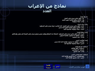 نماذج من الإعراب العدد جاءَ وَلَدٌ واحِدٌ جاء  :  فعل ماض مبني على الفتح ولد  :  فاعل مرفوع علامته تنوين الضم  واحد  :  صفة مرفوعة جاءَتْ بنتان اثنتان جاءت  :  فعل ماض مبني على الفتح ، التاء للتأنيث حرف مبني على السكون بنتان  :  فاعل مرفوع علامته الألف لأنه مثنى  اثنتان  :  صفة مرفوعة علامتها الألف    كَتَبْتُ سَطْراً واحِدا كتبت  :  كتب فعل ماض مبني على السكون  لاتصاله بتاء المتكلم وهي ضمير متصل مبني على الضمة في محل رفع فاعل  سطرا  :  مفعول به منصوب علامته التنوين  واحدا  :  نعت منصوب  كتبتُ مقالتين اثنتين مقالتين  :  مفعول به منصوب علامته الياء لأنه مثنى  اثنتين  :  صفة منصوبة علامتها الياء  استَعَنْتُ بِمَرْجِعٍ واحدٍ                 استعنت  :  فعل وفاعل  بمرجع  :  جار ومجرور  واحد  :  نعت مجرور  استعَنتُ بموسوعتين اثنتين بموسوعتين  :  اسم مجرور علامته الياء  اثنتين  :  نعت مجرور علامته الياء   فهرس نماذج من الإعراب 