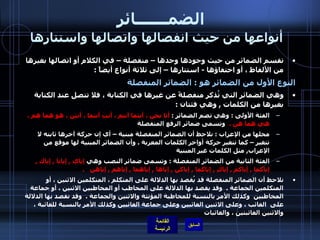 الضمـــــــائر     أنواعها من حيث انفصالها واتصالها واستتارها تقسم الضمائر من حيث وجودها وحدها – منفصلة – في الكلام أو اتصالها بغيرها من الألفاظ ، أو اختفاؤها  -  استتارها – إلى ثلاثة أنواع أيضاً  :  النوع الأول من الضمائر هو  :  الضمائر المنفصلة   وهي الضمائر التي تُذكر منفصلةً عن غيرها في الكتابة ، فلا تتصل عند الكتابة بغيرها من الكلمات  ,  وهي فئتان  :  الفئة الأولى  :  وهي تضم الضمائر  :  أنا نحن ، أنتما أنتم ، أنتِ أنتما ، أنتن ، هو هما هم ، هي هما هن  .   وتسمى ضمائر الرفع المنفصلة محلها من الإعراب  :  نلاحظ أن الضمائر المنفصلة مبنية – أي إن حركة آخرها ثابته لا تتغير – كما تتغير حركة أواخر الكلمات المعربة  .  وأن الضمائر المبنية لها موقع من الإعراب ,  مثل الكلمات غير المبنية   الفئة الثانية من الضمائر المنفصلة  :  وتسمى ضمائر النصب وهي  إياي  ,  إيانا  ,  إياك  ,  إياكما  ,  إياكم  ,  إياكِ  ,  إياكما  ,  إياكن  ,  إياها  ,  إياهما  ,  إياهم  ,  إياهن    .   نلاحظ أن الضمائر المنفصلة قد يُقصد بها الدلالة على المتكلم ، المتكلمين الاثنين ، أو المتكلمين الجماعة  .  وقد يقصد بها الدلالة على المخاطب أو المخاطبين الاثنين ، أو جماعة المخاطبين  وكذلك الأمر بالنسبة للمخاطبة المؤنثة والاثنين والجماعة  .  وقد نقصد بها الدلالة على  الغائب ، وعلى الاثنين الغائبين وعلى جماعة الغائبين وكذلك الأمر بالنسبة للغائبة ، والاثنين الغائبتين ، والغائبات   