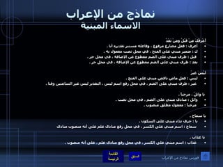 نماذج من الإعراب الاسماء المبنية أَعْرِفُكَ مِنْ قَبْلُ ومِنْ بَعْدُ  أعرف  :  فعل مضارع مرفوع ، وفاعله مستتر تقديره أنا  .  ك  :  ضمير مبني على الفتح ، في محل نصب مفعول به  . قبل  :  ظرف مبني على الضم مقطوع عن الإضافة ، في محل جر  .  بعد  :  ظرف مبني على الضم مقطوع عن الإضافة ، في محل جر  .    لَيْسَ غيرُ  ليس  :  فعل ماض ناقص مبني على الفتح  . غير  :  ظرف مبني على الضم ، في محل رفع اسم ليس ، التقدير ليس غير الساعتين وقتا  .   يا وائلُ ، مرحباً  . وائل  :  منادى مبني على الضم ، في محل نصب  . مرحباً  :  مفعول مطلق منصوب  .     يا سماح  .  يا  :  حرف نداء مبني على السكون  . سماح  :  اسم مبني على الكسر ، في محل رفع منادى علم على أنه منصوب منادى    يا عذاب  . عذاب  :  اسم مبني على الكسر ، في محل رفع منادى علم ، على أنه منصوب  .   فهرس نماذج من الإعراب 