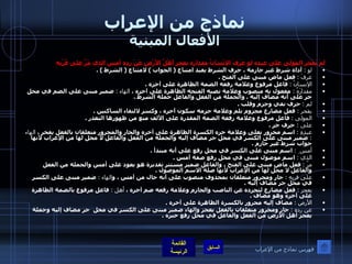 نماذج من الإعراب الأفعال المبنية لَمْ يَفْخَرِ المَولَى عَلى عبده لو عَرَفَ الإنْسَانُ مقداره يعجز أَهْلُ الأَرْضِ عَنْ رده أمس الذي مَرَّ على قُرْبِهِ  لو  :  أداة شرط غير جازمة ، حرف الشرط يفيد امتناع  (  الجواب  )  لامتناع  (  الشرط  ) . عرفَ  :   فعل ماض مبنى على الفتح  . الإنسانُ  :   فاعل مرفوع وعلامة رفعه الضمة الظاهرة على آخره  . مقدارَهُ  :  مفعول به منصوب وعلامة نصبه الفتحه الظاهرة على آخره ،  الهاء  :   ضمير مبنى على الضم في محل جر على أنه مضاف إليه  .  والجملة من الفعل والفاعل جملة الشرط  . لم  :   حرف نفي وجزم وقلب  . يفخر  :  فعل مضارع مجزوم بلم وعلامة جزمه سكون آخره ، وكسر لالتقاء الساكنين  . المولى  :   فاعل مرفوع وعلامة رفعة الضمة المقدرة على الألف منع من ظهورها التعذر  .  على  :  حرف جر  . عبدِهِ  :   اسم مجرور بعلى وعلامة جره الكسرة الظاهرة على آخره والجار والمجرور متعلقان بالفعل يفخر ،  الهاء  :  ضمير مبنى على الكسر في محل جر مضاف إليه والجملة من الفعل والفاعل لا محل لها من الإعراب لأنها جواب شرط غير جازم  . أمس ِ  :  اسم مبنى على الكسر في محل رفع على أنه مبتدأ  . الذي  :   اسم موصول مبنى في محل رفع صفة أمس  . مرّ  :   فعل ماض مبنى على الفتح ، والفاعل ضمير مستتر تقديرة هو يعود على أمس والجمله من الفعل والفاعل لا محل لها من الإعراب لأنها صلة الاسم الموصول  . على قربِهِ   :   جار ومجرور متعلقان بمحذوف منصوب على أنه حال من أمس ، و الهاء  :   ضمير مبنى على الكسر في محل جر مضاف إليه  . يعجز  :   فعل مضارع لتجرده عن الناصب والجازم وعلامة رفعه ضم آخره ،  أهل  :   فاعل مرفوع بالضمة الظاهرة على آخره وهو مضاف  .  الأرض  :   مضاف إليه مجرور بالكسرة الظاهرة على آخره  . عن رده  :   جار ومجرور متعلقان بالفعل يعجز والهاء ضمير مبنى على الكسر في محل  جر مضاف إليه وجملة يعجز أهل الأرض من الفعل والفاعل في محل رفع خبره  . فهرس نماذج من الإعراب 