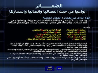 الضمـــــــائر     أنواعها من حيث انفصالها واتصالها واستتارها النوع الثاني من الضمائر  :  الضمائر المتصلة   وسميت بذلك لأنها تتصل في الكتابة بالكلمات التي تجاورها ، ويلفظ بها ضمن هذه الكلمات  .   وهي تدل على متكلم ، أو مخاطب أو غائب مثل الضمائر السابقة .   الأمثلة  : ساهَمْ تُ  في الشركةِ  .  قوم و ا بالواجبِ وانصر وا  المظلوم  .  لا تتأخر ي  عن الدوام  .  أفادن ي  إرشادُ أخ ي   .  النساءُ يُساعد نَ  الرجالَ  .  حملَ البريدُ رسالةً من ها  إل يَّ  . أعارَ ك  صديقُ ك  كتاب َهُ   .  المعلمُ المخلصُ يحترمُ هُ  طلابُ هُ   .  أفادَ نا  اجتهادُ نا  .  ل نا  كَرْمٌ فيهِ عنب ، شاركن ا  في الاحتفالِ   .  الضمائر المتصلة مثل الضمائر المنفصلة من حيث أنها مبنية،  و لها موقع من الإعراب  .  وقد ذكرنا سابقا أن الضمائر قد تكون في محل رفع ، وقد تكون في محل نصب ، وقلنا أنها قد تكون في محل جر أيضا  .  الضمائر المتصلة ، بعضها يتصل بالأفعال ويكون في محل ضم مثل -  ضمائر الرفع – وهي  :  تاء المتكلم ، وألف الاثنين ، واو الجماعة ونو النسوة وياء المخاطبة -  وبعض هذه الضمائر يتصل بالأفعال مثل ياء المتكلم ، وهاء الغائب وكاف المخاطب ، وعندئذ تكون في محل نصب مفعولا به  .  عندما تتصل هذه الضمائر  ( ياء المتكلم وهاء الغائب وكاف المخاطب  )  بالأسماء أو بحروف الجر تكون في محل جر  .  