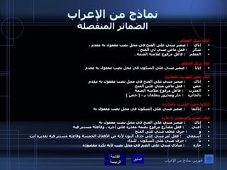 نماذج من الإعراب الضمائر المنفصلة إيايّ شكرَ المعلم  . إياي      :  ضمير مبني على الفتح في محل نصب مفعول به مقدم  . شكر      :  فعل ماضٍ مبني لى الفتح  . المعلم     :  فاعل مرفوع علامته الضمة  .   إيانا شكر المعلم  . إيانا        :  ضمير مبني على السكون في محل نصب مفعول به مقدم    إياك خصَّ المدربُ بالجائزة  إياك         :  ضمير مبني على الفتح في محل نصب مفعول به مقدم  خص        :  فعل ماض مبني على الفتح  المدرب      :  فاعل مرفوع علامته الضمة  بالجائزة     :  جار ومجرور يتعلقان بـِ  - (  خَصَّ  )    إياكما خصَّ المدربُ بالجائزة  إياكما       :  ضمير مبني على السكون في محل نصب مفعول به  إياك أعني واسمعي يا جارة  إياك         :  ضمير مبني على الفتح في محل نصب مفعول به  أعني        :  فعل مضارع مرفوع بضمة مقدرة على آخره ، وفاعلهُ مستتر فيه  و            :  حرف عطف مبني على الفتح  اسمعي      :  فعل أمر مبني على حذف النون لأنه من الأفعال الخمسة وفاعله مستتر فيه تقديره أنت  يا            :  حرف مبني على السكون ، للنداء  جارة         :  منادى مبني على الضم في محل نصب لأنه نكرة مقصودة  فهرس نماذج من الإعراب 