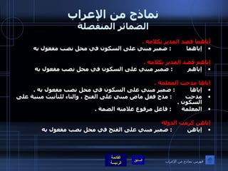 نماذج من الإعراب الضمائر المنفصلة أياهما قصد المدير بكلامه  . إياهما          :  ضمير مبني على السكون في محل نصب مفعول به    إياهم قصد المدير بكلامه  . إياهم          :  ضمير مبني على السكون في محل نصب مفعول به    إياها مدحت المعلمة  . إياها          :  ضمير مبني على السكون في محل نصب مفعول به  .  مدحت         :  مدح فعل ماض مبني على الفتح ، والتاء للتأنيث مبنية على السكون  . المعلمة       :  فاعل مرفوع علامته الضمة  .   إياهن كرمت الدولة   إياهن          :  ضمير مبني على الفتح في محل نصب مفعول به   فهرس نماذج من الإعراب 