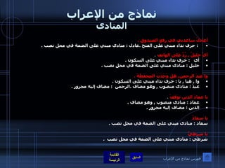 نماذج من الإعراب المنادى أعادلُ ساعدني في رفعِ الصندوق  . :  حرف نداء مبني على الفتح  . عادل  :  منادى مبني على الضمة في محل نصب  .    أيْ خليلُ  ,  رُدَّ عَلى الهاتِف   . أي    :  حرف نداء مبني على السكون  . خليل  :  منادى مبني على الضمة في محل نصب  .   وا عبدَ الرحمن ,  هل وَجَدَتَ المِحفَظَةَ  .   وا  ,  هيا  ,  يا  :  حرف نداء مبني على السكون  . عبدَ  :  منادى منصوب  ,  وهو مضاف  . الرحمن   :  مضاف إليه مجرور  .       يا عمادَ الدين توَقفْ   . عماد  :  منادى منصوب  ,  وهو مضاف  . الدين  :  مضاف إليه مجرور  .   يا سعادُ سعاد  :  منادى مبني على الضمة في محل نصب  .  يا شرطيُّ شرطي  :  منادى مبني على الضمة في محل نصب   .  فهرس نماذج من الإعراب 