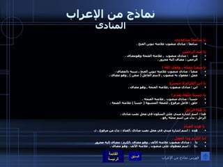 نماذج من الإعراب المنادى يا سامعاً ساعدني سامعاً  :  منادى منصوب علامته تنوين الفتح  .  يا عبدَ الرحمنِ عبد      :  منادى منصوب   ,  علامته الفتحة وهومضاف  . الرحمن  :  مضاف إليه مجرور  .  يا مُتْقِناً عَمَلَهُ  ,  وَفَقّكَ اللهُ  ! متقناً  :  منادى منصوب علامته تنوين الفتح ـ شبيه بالمضاف  . عمل  :  مفعول به منصوب  ,  لاسم الفاعل  (  متقن  ) ,  وهو مضاف  .  يا ابن الكرامِ لا تَتَسرَّعْ ابن  :  منادى منصوب  , علامته الفتحة  ,  وهو مضاف  .  يا حَسَناً خُلُقُهُ تَقَدّمْ  ! حسناً  :  منادى منصوب  ,  علامته الفتحة  . خلق  :  فاعل مرفوع ـ للصفة المشبهة  (  حسناً  )  علامته الضمة  . يا هذا الرّجُلُ هذا  :  اسم إشارة مبني على السكون في محل نصب منادى  . الرجل  :  بدل من اسم محله رفع  .   يا هذه الفتاةُ هذه   :  اسم إشارة مبني في محل نصب منادى  . الفتاة  :  بدل من مرفوع  .  ي اذا الكرم وذا العقلِ  . ذا     :  منادى منصوب علامته الألف  ,  وهو مضاف  . الكرم  :  مضاف إليه مجرور  . ذا     :  اسم معطوف على منصوب  ,  علامته الألف  .  وهو مضاف  . فهرس نماذج من الإعراب 