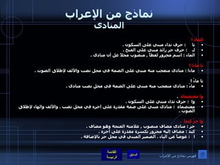 نماذج من الإعراب المنادى للماءِ  ! يا      :  حرف نداء مبني على السكون  .   لـ     :  حرف جر زائد مبني على الفتح  . الماء  :  اسم مجرور لفظاً  ,  منصوب محلاً عل أن منادى  .  يا ماءا  ! ماءا  :  منادى متعجب منه مبني على الضمة في محل نصب والألف لإطلاق الصوت  .  يا ماءُ  !  ماءُ  :  منادى متعجب منه مبني على الضمة في محل نصب منادى  .   وا معتصماه    . وا   :  حرف نداء مبني على السكون  . معتصماه    :   منادى مبني على ضمة مقدرة على آخره في محل نصب  .  والألف والهاء لإطلاق الصوت  .  وا حرّ كبدا   . حر  :  منادى مضاف منصوب  ,  علامته الفتحة وهو مضاف  . كبد  :  مضاف إليه مجرور بكسرة مقدرة على آخره  . ا     :   عوضاً عن الياء  .  الضمير المبني في محل جر بالإضافة  .  فهرس نماذج من الإعراب 