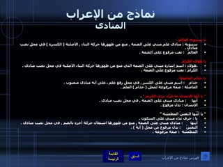 نماذج من الإعراب المنادى يا سيبويه العالم ُ . سيبويه  :  منادى علم مبني على الضمة  ,  منع من ظهورها حركة البناء  ,  الأصلية  (  الكسرة  )  في محل نصب منادى  . العالمُ     :   نعت مرفوع على الضمة  .  يا هؤلاءِ الكرامُ   . هؤلاء  :  اسم إشارة مبني على الضمة التي منع من ظهورها حركة البناء الأصلية في محل نصب منادى  .   الكرامُ  :  نعت مرفوع على الضمة  . يا حَذامِ الفاضلةُ  . حذام     :  اسم مبني على الكسر  ,  في محل رفع علم ـ على أنه منادى منصوب  . الفاضلة  :  صفة مرفوعة لمحل  (  حذام  )  العلم  .  "  يا أيُّها الإنسانُ ما غَرَّكَ بربك الكريم  "  . أيها      :  منادى مبني على الضمة  ,  في محل نصب منادى  . الإنسان  :  بدل مرفوع  .  "  يا أيَّتُها النفسُ المطمئِنة ” يا  :  حرف نداء مبني على السكون  . أيتها        :  منادى مبني على الضمة  ,  منع من ظهورها اشتغال حركة آخره بالضم  ,  في محل نصب منادى  .  النفسُ       :   بدل مرفوع من محل  (  أيةُ  ) . المطمئنة    :   صفة مرفوعة  .  فهرس نماذج من الإعراب 