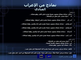 نماذج من الإعراب المنادى يا سائليْ  . سائل  :  منادى مضاف منصوب بفتحة مقدرة على اللام  ,  وهو مضاف  . ي     :  حرف مبني  ,  في محل جر بالإضافة  .  أبِ  ,  أمِ      :  منادى مضاف منصوب بفتحة مقدرة على آخرهما  ,  وهما مضافان  . أبي وأمي     :  منادى مضاف منصوب بفتحة مقدرة على الباء والميم  ,  وهما مضافان  . أبيَ وأميَ     :  منادى مضاف منصوب بفتحة مقدرة على الباء والميم  ,  وهما مضافان  . أبا و أما     :  منادى مضاف منصوب بفتحة مقدرة على الباء والميم  ,  وهما مضافان  . أبتِ  ,  أمتِ    :  منادى مضاف منصوب بفتحة مقدرة على الباء والميم  ,  وهما مضافان  .  يا ابنَ خالي يا    :  حرف مبني في محل جر بالإضافة  . ابن  :  منادى مضاف منصوب علامته الفتحة  . خال  :  مضاف إليه مجرور  ,  وهو مضاف  .   فاطمَ  :  منادى مرخم  ,  مبني على ضمة مقدرة التاء المحذوفة في محل نصب  .   عبلُ  :  منادى مرخم ـ أصلُهُ عَبْلَةُ ـ مبني على ضمة  مقدرة على التاء المحذوفة من آخره  .  في محل نصب  .  فهرس نماذج من الإعراب 