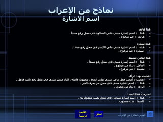 نماذج من الإعراب اسم الاشارة هذا هاتف  هذا      :  اسم إشارة مبني على السكون في محل رفع مبتدأ  .  هاتف    :  خبر مرفوع  .    هذه سيارة  هذه     :  اسم إشارة مبني على الكسر في محل رفع مبتدأ  . سيارة  :  خبر مرفوع  .   هذا العامل نشيط  هذا      :  اسم إشارة مبني في محل رفع مبتدأ  . العامل  :  بدل من مرفوع  . نشيط   :  خبر مرفوع  .                                                       أعجبت بهذا الرأي أعجبت  :  أعجب فعل ماض مبني على الفتح ، مجهول فاعله ، التاء ضمير مبني في محل رفع نائب فاعل  . هذا        :  اسم إشارة مبني في محل جر بحرف الجر  .  الرأي     :  بدل من مجرور  .     احترمتُ هذا المبدأ هذا     :  اسم إشارة مبني ، في محل نصب مفعول به  . المبدأ  :  بدل منصوب  .   فهرس نماذج من الإعراب 