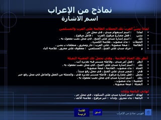 نماذج من الإعراب اسم الاشارة لماذا يَشُنُّ الغربُ تلك الحملاتِ الظالمةَ على العربِ والمسلمين لماذا         :  اسم استفهام مبني ، في محل جر  .  يشن         :  فعل مضارع مرفوع  . الغرب        :  فاعل مرفوع  .  تلك           :  اسم إشارة مبني على الفتح ، في محل نصب مفعول به  .  الحملات      :  بدل منصوب ، علامته الكسرة  .  الظالمة       :  صفة منصوبة  .  على العرب  :  جار ومجرور ، متعلقان بـ يشن  .  و              :  حرف مبني على الفتح  .  المسلمين      :  معطوف على مجرور ، علامته الياء                                                   أنظر تلكَ الفتاةَ القادمةَ ، وهي تحملُ تلكَ الحقيبَة الثقيلةَ  انظر      :  فعل أمر مبني ، وفاعله مستتر فيه تقديره أنت  .  تلك       :  اسم إشارة مبني على الفتح ، في محل نصب مفعول به  .  الفتاة     :  بدل منصوب  .  القادمة  :  صفة منصوبة  .  هي       :  ضمير مبني على الفتح ، في محل رفع مبتدأ  . تحمل     :  فعل مضارع مرفوع ، فاعله مستتر تقديره هي ، والجملة من الفعل والفاعل في محل رفع خبر  . تلك        :  اسم إشارة مبني في محل نصب مفعول به  .  الحقيبة  :  بدل منصوب  . الثقيلة   :  صفة منصوبة  .    لهاتي البائعةِ ولدان   لهذي    :  اسم إشارة مبني على السكون ، في محل جر  .  البائعة  :  بدل مجرور  .  ولدان    :  خبر مرفوع ، علامته الألف  .   فهرس نماذج من الإعراب 