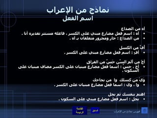 نماذج من الإعراب اسم الفعل آه من الصداع  آه  :  اسم فعل مضارع مبني على الكسر ، فاعله مستتر تقديره أنا  .  من الصداع  :  جار ومجرور متعلقان بـ آه  .    أُفٍّ من الكسلِ  أفٍ  :  اسم فعل مضارع مبني على الكسر  .    أخً من أَلَمِ السِّنِ حَسِّ من الفراقِ أخِ ، حسِّ  :  اسما فعل مضارع مبنيان على الكسر مضاف مبنيان على السكون  . وَيْ من كسلك    وا  من نجاحك  وا ، وي  :  اسما فعل مضارع مبنيان على الكسر  .  اهتم بنفسك ثم بجل بجل  :  اسم فعل مضارع مبني على السكون  .    فهرس نماذج من الإعراب 