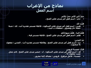 نماذج من الإعراب اسم الفعل حيَّ إلى الأمر حيَّ بالأمر  حيّ  :  اسم فعل أمر مبني على الفتح  .    هَيْت لك  هيت  :  اسم فعل أمر مبني على السكون ، فاعله مستتر تقديره أنت  .  لك  :  شبه جملة جار ومجرور ، متعلقان بـ حيث  .    هَلُمّ إلينا ، هَلُمّ شهداءَكم  هلم  :  اسم فعل أمر مبني على الفتح ، فاعله مستتر فيه  .    تَيْدَ المدينَ  تيد  :  اسم فعل أمر مبني على الفتح ، وفاعله مستتر تقديره أنت  .  المدين  :  مفعول به منصوب  .    قَدْكَ خمسةَ قروشٍ قد  :  اسم فعل أمر مبني على السكون  .  ك  :  ضمير مبني على الفتح ، في محل نصب مفعول به  .  خمسة  :  فاعل مرفوع  .  قروش  :  مضاف إليه مجرور  .   فهرس نماذج من الإعراب 