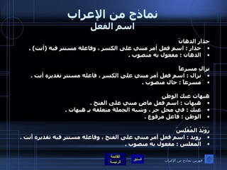 نماذج من الإعراب اسم الفعل حذارِ الدهانَ  حذار  :  اسم فعل أمر مبني على الكسر ، وفاعله مستتر فيه  ( أنت ) .  الدهان  :  مفعول به منصوب  .    نزالِ مسرعاً  نزال  :  اسم فعل أمر مبني على الكسر ، فاعله مستتر تقديره أنت  .  مسرعاً  :  حال منصوب  .  هيهات عنك الوطن  هيهات  :  اسم فعل ماضٍ مبني على الفتح  .  عنك  :  في محل جر ، وشبه الجملة متعلقة بـِ هيهات  .  الوطن  :  فاعل مرفوع  .  رَوَيْدَ المُفْلِسَ  رويد  :  اسم فعل أمر مبني على الفتح ، وفاعله مستتر فيه تقديره أنت  .  المفلس  :  مفعول به منصوب  .   فهرس نماذج من الإعراب 