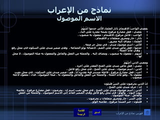 نماذج من الإعراب الاسم الموصول يقضي الواجبُ الاهتمامَ بآثارِ العلماءِ الأُلى خدموا أمّتَهُمْ يقضي  :  فعل مضارع مرفوع بضمة مقدرة على الياء  . الواجب  :  فاعل مرفوع  . الاهتمام  :  مفعول به منصوب  .  بآثار  :  جار ومجرور متعلقان بـ الاهتمام  .  العلماء  :  مضاف إليه مجرور  .  الألى  :  اسم موصول مبني ، في محل جر صفة  .  خدموا  :  فعل ماض مبني على الضم ، لاتصاله بواو الجماعة  .   وهي ضمير مبني على السكون في محل رفع ، وهي عائد الصلة  .  أمتهم   :  مفعول به منصوب ، ومضاف إليه  .   والجملة من الفعل والفاعل والمفعول به صلة الموصول ، لا محل لها  .    ومضى الذين أُحِبُّهُمْ  مضى  :  فعل ماض مبني على الفتح المقدر على آخره  .  الذين  :  اسم موصول ، مبني على الفتح ، في محل رفع فاعل  .  أحب  :  فعل مضارع مرفوع ، فاعله مستتر فيه تقديره أنا  .  هم  :  ضمير مبني على السكون ، في محل نصب مفعول به ، وهو عائد الصلة  .  والجملة من الفعل والفاعل والمفعول به ، صلة الموصول  .  فداء  :  مفعول لأجله منصوب  .  إنّ الذين يحرِصون على السِرّ قليلون  إن  :  حرف مبني على الفتح  .  الذين  :  اسم موصول مبني على الفتح ، في محل نصب اسم إن  .  يحرصون  :  فعل مضارع مرفوع ، علامته ثبوت النون  .   والواو  :  في محل رفع فاعل وهي الضمير العائد إلى الاسم الموصول ، والجملة من الفعل والفاعل ، صلة الموصول  . على السر  :  جار ومجرور متعلقان بـ يحرصون  . قليلون  :  خبر المبتدأ مرفوع ، علامته الواو  .  فهرس نماذج من الإعراب 