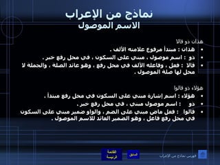 نماذج من الإعراب الاسم الموصول هذان ذو قالا هذان  :  مبتدأ مرفوع علامته الألف  .  ذو   :  اسم موصول ، مبني على السكون ، في محل رفع خبر  .  قالا   :  فعل ، وفاعله الألف في محل رفع ، وهو عائد الصلة ، والجملة لا محل لها صلة الموصول  .  هؤلاء ذو قالوا هؤلاء  :  اسم إشارة مبني على السكون في محل رفع مبتدأ  .  ذو      :  اسم موصول مبني ، في محل رفع خبر  .  قالوا    :  فعل ماض مبني على الضم ، والواو ضمير مبني على السكون في محل رفع فاعل ، وهو الضمير العائد للاسم الموصول  . فهرس نماذج من الإعراب 