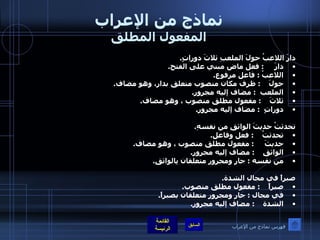 نماذج من الإعراب المفعول المطلق دارَ اللاعبُ حولَ الملعبِ ثلاثَ دوراتٍ . دارَ      :  فعل ماض مبني على الفتح . اللاعبُ  :  فاعل مرفوع . حولَ     :  ظرف مكان منصوب متعلق بدار، وهو مضاف . الملعب   :  مضاف إليه مجرور . ثلاثَ     :  مفعول مطلق منصوب ، وهو مضاف . دوراتٍ   :  مضاف إليه مجرور .  تحدثتُ حديثَ الواثقِ من نفسهِ . تحدثتُ     :  فعل وفاعل . حديثَ      :  مفعول مطلق منصوب ، وهو مضاف . الواثقِ     :  مضاف إليه مجرور . من نفسه  :  جار ومجرور متعلقان بِالواثقِ .    صبراً في مجال الشدة . صبراً     :  مفعول مطلق منصوب . في مجال  :  جار ومجرور متعلقان بصبراً . الشدة     :  مضاف إليه مجرور .  فهرس نماذج من الإعراب 