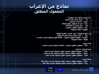 نماذج من الإعراب المفعول المطلق "  إن جهنم جزائكم جزاء موفوراً ” إنَّ      :  حرف مبني على الفتح . جهنم   :  اسم إن منصوب . جزاء   :  خبر إن مرفوع ، وهو مضاف . كم      :  في محل جر بالإضافة . جزاء   :  مفعول مطلق منصوب . موفوراً  :  صفة منصوبة .  بلى جلوساً طويلاً  =  بلى جلست جلوساً طويلاً . بلى      :  حرف جواب مبني على السكون . جلوساً   :  مفعول مطلق منصوب ، عامله فعل محذوف تقديره جلست . طويلاً   :  صفة منصوبة .  حجاً مبروراً . حجاً    :  مفعول مطلق منصوب ، عامله محذوف تقديره حججت .  حمداً وشكراً ، لا كفراً . حمداً    :  مفعول مطلق منصوب لفعل محذوف تقديره أحمد . شكراً    :  مفعول مطلق منصوب لفعل محذوف تقديره أشكر . كفراً    :  مفعول مطلق منصوب لفعل محذوف تقديره تكفر .  سقياً ورعياً . سقياً   :  مفعول مطلق منصوب لفعل محذوف تقديره سقاك الله . رعياً   :  مفعول مطلق منصوب لفعل محذوف تقديره رعاك الله . فهرس نماذج من الإعراب 