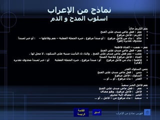 نماذج من الإعراب اسلوب المدح و الذم نِعْمَ الكريمُ خالدٌ  نعم   :  فعل ماضٍ مبني على الفتح  الكريم  :  فاعل مرفوع خالد    :  بدل من فاعل مرفوع    :  أو مبتدأ مرفوع  .  خبره الجملة الفعلية – نعم وفاعلها –      :  أو خبر لمبتدأ محذوف تقديره  ( هو )   نعم – نعمت – الفتاة فاطمة نعم – فعل ماض مبني على الفتح نعمت – نعم فعل ماض مبني على الفتح  .   والتاء تاء التأنيث مبنية على السكون ، لا محل لها  .   الفتاة   :  فاعل مرفوع علامته الضمة  فاطمة  :  بدل من فاعل مرفوع       أو  :  مبتدأ مرفوع ، خبره الجملة الفعلية       أو  :  خبر لمبتدأ محذوف تقديره  ( هي )   بئس السلوك الغدر  بئس     :  فعل ماض مبني على الفتح  السلوك  :  فاعل مرفوع الغدر     :  بدل مرفوع ، أو  ...  أو  ...   نعم فاعل الخير سعيدٌ نعم     :  فعل ماض مبني على الفتح فاعل    :  فاعل مرفوع ، وهو مضاف الخير    :  مضاف إليه مجرور سعيد    :  بدل مرفوع من – فاعل  ..  أو  ...   فهرس نماذج من الإعراب 