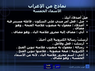 نماذج من الإعراب الأسماء الخمسة صِلْ أصدقاءَ أبيكَ  .  صل  :  فعل أمر مبني على السكون ، فاعله مستتر فيه أصدقاء  :  مفعول به منصوب علامته الفتحة ، وهو مضاف  .  أبي  :  مضاف إليه مجرور علامته الياء ، وهو مضاف  .  أرسلتُ رسالةً الكترونيةً إلى أخيكَ  .  أرسلت  :  فعل وفاعل  .  رسالة  :  مفعول به منصوب علامته تنوين الفتح  .  الكترونية  :  صفة منصوبة ، علامتها تنوين الفتح  .  أخي  :  اسم مجرور علامته الياء ، لأنه من الأسماء الخمسة ، وهو مضاف  .   فهرس نماذج من الإعراب 
