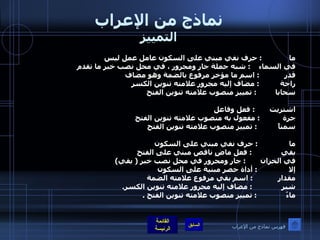 نماذج من الإعراب التمييز ما  :  حرف نفي مبني على السكون عامل عمل ليس  في السماء  :  شبه جملة جار ومجرور ، في محل نصب خبر ما تقدم  قدر  :  اسم ما مؤخر مرفوع بالضمة وهو مضاف  راحة  :  مضاف إليه مجرور علامته تنوين الكسر  سحابا  :  تمييز منصوب علامته تنوين الفتح  اشتريت  :  فعل وفاعل  جرة  :  مفعول به منصوب علامته تنوين الفتح  سمناً  :  تمييز منصوب علامته تنوين الفتح  ما  :  حرف نفي مبني على السكون  بقي  :  فعل ماضٍ ناقص مبني على الفتح في الخزان  :  جار ومجرور في محل نصب خبر  (  بقي ) إلا  :  أداة حصر مبنية على السكون  مقدار  :  اسم بقي مرفوع علامته الضمة  شبرٍ  :  مضاف إليه مجرور علامته تنوين الكسر . ماءً  :  تمييز منصوب علامته تنوين الفتح  . فهرس نماذج من الإعراب 