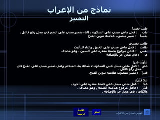 نماذج من الإعراب التمييز طبتُ نفساً طب  :  فعل ماض مبني على السكون ، التاء ضمير مبني على الضم في محل رفع فاعل  .  نفساً  :  تمييز منصوب علامته تنوين الفتح  طابت نفسي طابت  :  فعل ماض مبني على الفتح  ,  والتاء للتأنيث نفس  :  فاعل مرفوع بضمة مقدرة على السين ، وهو مضاف  ي  :  في محل جر بالإضافة  عَلَوْتَ قدراً علو  :  فعل ماضٍ مبني على السكون لاتصاله بتاء المتكلم وهي ضمير مبني على الفتح في محل رفع فاعل  . قدراً  :  تمييز منصوب علامته تنوين الفتح . علا قَدْرُك  علا  :  فعل ماض مبني على فتحة مقدرة على آخره  .  قَدْرْ  :  فاعل مرفوع علامته الضمة  ,  وهو مضاف  . والكاف  :  في محل جر بالإضافة  . فهرس نماذج من الإعراب 