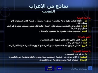 نماذج من الإعراب التعجب ما أروَعَ البحرَ ! ما      :  أداة تعجب نكرة تامة بمعنى  "  شيء  " ,  مبتدأ   ,  مبنية على السكون في محل رفع  . أروعَ  :  فعل ماضٍ للتعجب مبني على الفتح  ,  والفاعل ضمير مستتر تقديره هو في محل رفع خبر ما  . البحر   :  متعجب منه  ,  مفعول به منصوب بالفتحة  .  أَنْضِر بالزرع  ! أنضر   :  فعل ماضٍ جاء على صورة الأمر للتعجب  . الباء    :  حرف جر زائد  . الزرع   :  فاعل مرفوع بضمة مقدرة على آخره منع ظهورها كسرة حرف الجر الزائد  . يا لعظمة الأمواج  ! يا :  حرف نداء للتعجب  . لعظمة    :  اللام حرف جر  .  عظمة  :  متعجب منه مجرور باللام وعلامة جره الكسرة  الأمواج   :  مضاف إليه مجرور وعلامه جره الكسرة  .    فهرس نماذج من الإعراب 