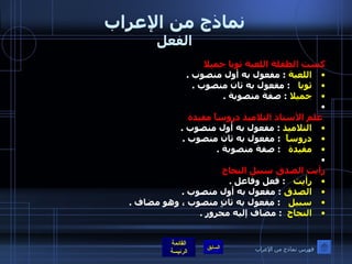 نماذج من الإعراب الفعل كست الطفلة اللعبة ثوبا جميلا اللعبة   :  مفعول به أول منصوب  .  ثوبا     :  مفعول به ثان منصوب  .  جميلا   :  صفة منصوبة  .    علم الأستاذ التلاميذ دروساً مفيدة  التلاميذ   :  مفعول به أول منصوب  .  دروساً    :  مفعول به ثان منصوب  .  مفيدة     :  صفة منصوبة  .    رأيت الصدق سبيل النجاح  رأيت     :  فعل وفاعل  . الصدق   :  مفعول به أول منصوب  . سبيل     :  مفعول به ثانٍ منصوب ، وهو مضاف  . النجاح    :  مضاف إليه مجرور  . فهرس نماذج من الإعراب 