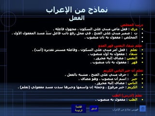 نماذج من الإعراب الفعل دريت المخلص  دري   :  فعل ماض مبني على السكون ، مجهول فاعله  .  ت   :  ضمير مبني على الفتح ، في محل رفع نائب فاعل سَدَّ مسد المفعول الأول  . المخلص  :  مفعول به ثان منصوب  .   تعلم شفاء النفس قهر العدو  تعلم     :  فعل أمر مبني على السكون ، وفاعله مستتر تقديره  ( أنت ) . شفاء    :  مفعول به أول منصوب  . النفس   :  مضاف إليه مجرور  .  قهر     :  مفعول به ثان منصوب  .    تعلم أن خير الناس الكريم أن       :  حرف مبني على الفتح ، مشبه بالفعل  . خير     :  اسم أن منصوب ، وهو مضاف  .  الناس   :  مضاف إليه مجرور  . الكريم   :  خبر مرفوع ، وجملة إن واسمها وخبرها سدت مسد مفعولي  ( تعلم ) .    تعلم  ( ادرس )  الطب  الطب   :  مفعول به منصوب  .   فهرس نماذج من الإعراب 